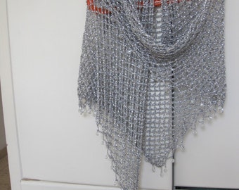 Bridal Shawl for Wedding, Silver Beaded Crochet Evening Wrap, Handmade Lurex Bride Gift