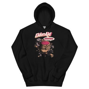 May include: Black hooded sweatshirt with a graphic of a cartoon pot with a red liquid inside. The pot is breaking apart and has a speech bubble that says "Ooooooh!" The text "EldenAid" is above the pot.