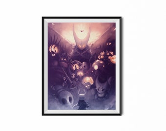 May include: A digital illustration of a video game character, the Knight, facing a large, glowing, white creature with multiple smaller creatures surrounding it. The background is a dark purple and orange gradient.