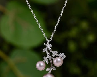 Schöne natürliche Mauve Pink Perlenkette mit 925 Sterlingsilberkette, echte Perlenkette, hochglänzende rosa Perlenkette (3174-NK)