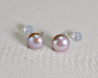 Orecchini con perle d'acqua dolce rosa naturali autentiche da 9-10 mm con perno in argento sterling 925, orecchini a perno con perle rosa, orecchini a perno semplici (6191-ER)
