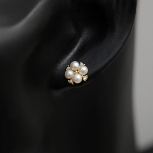 Genuine Natural Freshwater Pearl Cluster Earrings 925 Gold Posts, Simple Natural White Pearl Earring Studs, Bridal Pearl Earrings (6055-ER)