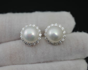 Beautiful High Quality Genuine Freshwater Pearl Stud Earrings in 925 Sterling Silver Posts,HighLuster Natural Pearl Bridal Earring (6144-ER)