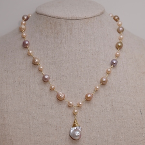 Beautiful Handmade Genuine Natural Pink Baroque Freshwater Pearl Necklace w/Gold Plated Wires & Clasp, Bridal Pearl Necklace Gifts (3160-NK)