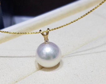 10-11mm Beautiful Natural White Color Round Freshwater Pearl w/Cubic Zirconia in 18K Solid Gold Pendant, Single Genuine Round Pearl Pendant