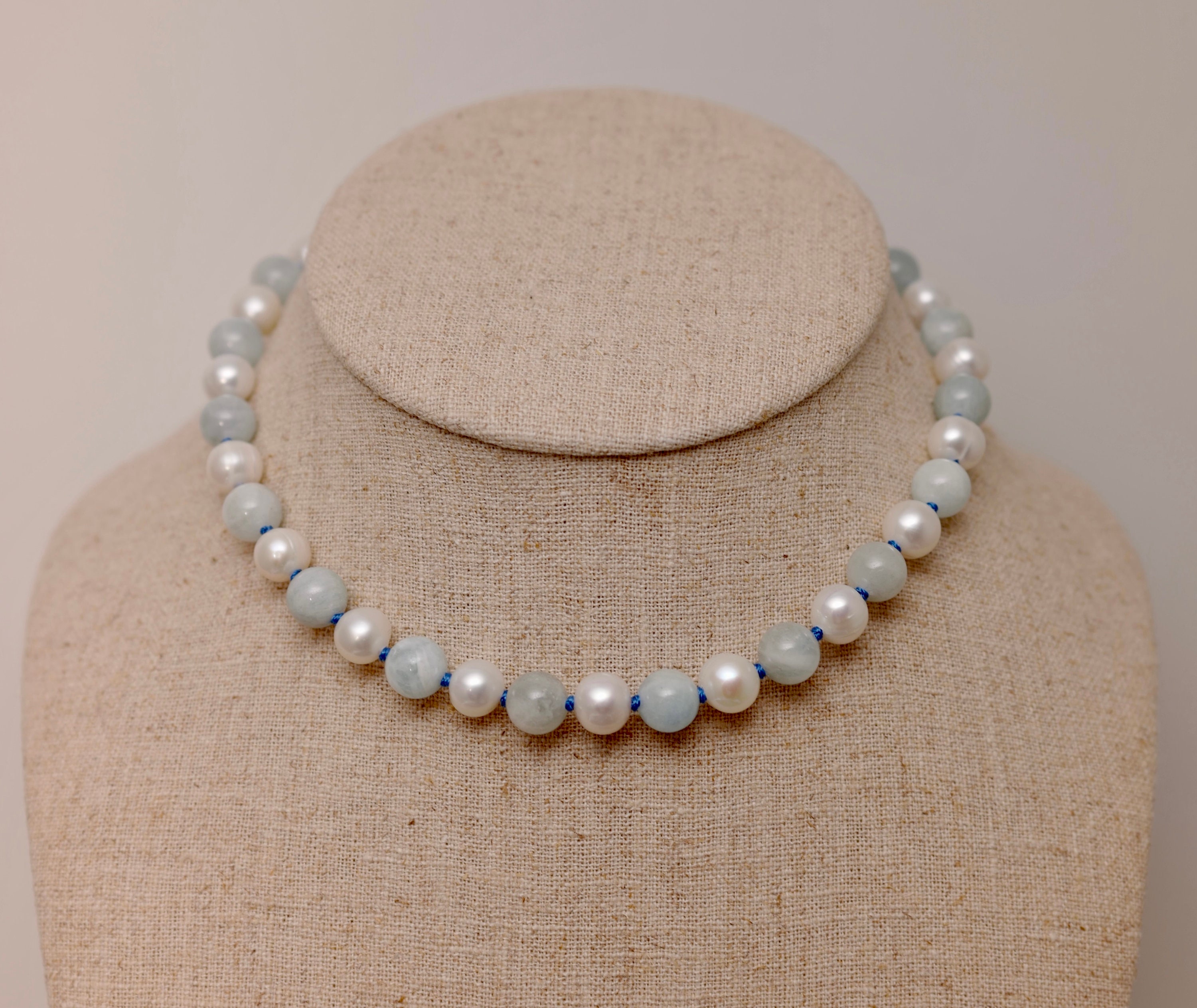 16/18/20/24 "verstellbare natürliche weiße Süßwasserperle mit Aquamarin-Edelsteinperlen gemischte Halskette mit 925er Silber oder 14K GF Verschluss (3162-NK)