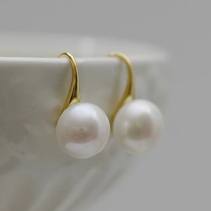 Genuine Natural White Jumbo Freshwater Pearl Earrings w/925 Sterling Silver/Gold Ear Hook,Simple Bridal Pearl Dangle Drop Earrings (6083-ER)