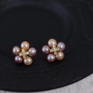 High Quality Natural Multi Pink Freshwater Pearl Earring Stud w/18k Gold Vermeil Post, High Luster Multi Pink Genuine Pearl Studs (6015-ER)