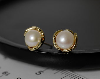 Echte natürliche weiße Süßwasserperle Ohrstecker, 925 Gold Beiträge, Braut Perle Ohrringe, einfache weiße einzelne Perle Ohrstecker (6164-ER)