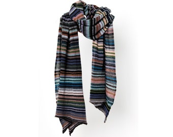 Pure Cashmere wrap „Muted“,shades of cool autumn colours, striped scarf,  mousegrey, petrol, liquorice, antrazit, chocolate, dark rose, oliv