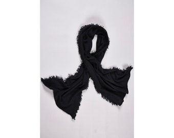 Pure cashmere scarf, little fringes, black, pure, mongolian cashmere, handloomed, 2ply, shawl, soft, 100% cashmere,