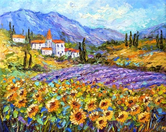 Tuscany Original Painting Sunflowers Canvas Wall Art Impasto Oil Painting Impressionist Farm Rural Landscape Lavender 16 by 20