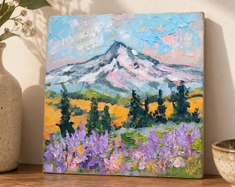 Mount Hood Oregon Original Oil Painting Mountain Landscape Wildflowers Impasto Art Pacific Northwest
