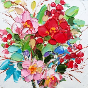 Impasto Peony Oil Painting Original Art Pink Red Floral Artwork