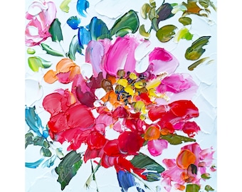 Colorful Floral Original Oil Painting Pink Red Flowers Impasto Art Bright Botanical Wall Decor