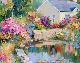 Irish Cottage Garden Original Oil Painting Ireland Landscape Impasto Countryside Pond Wall Art
