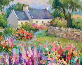 Irish Cottage Original Oil Painting Ireland Countryside Colorful Garden Impasto Landscape Wall Art