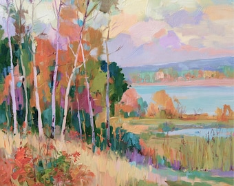 Lake Michigan Painting Autumn Birch Trees Original Art Fall Landscape Impasto Oil Painting