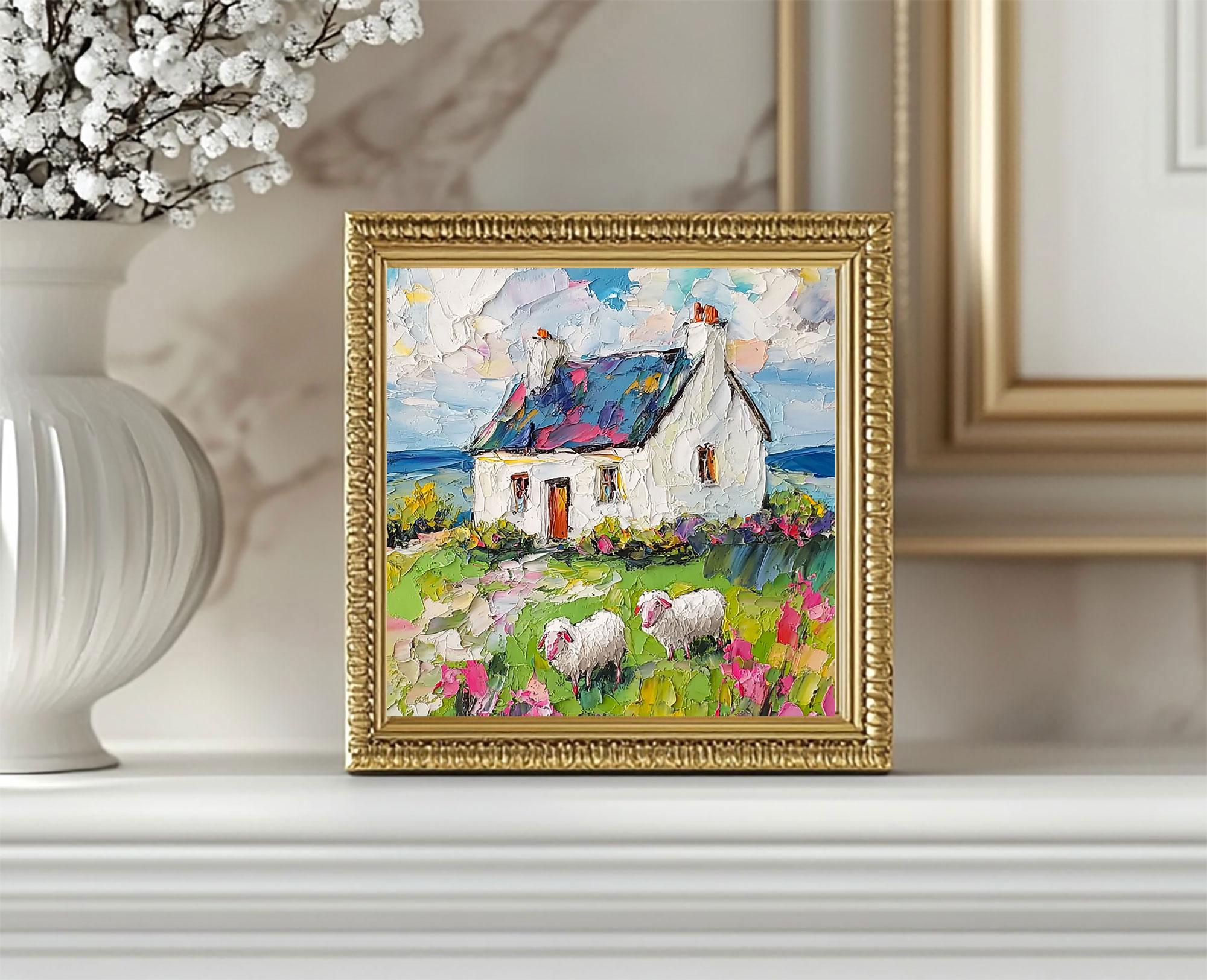 Irish Cottage Painting: Original Sheep Landscape, Impasto Oil Painting ...