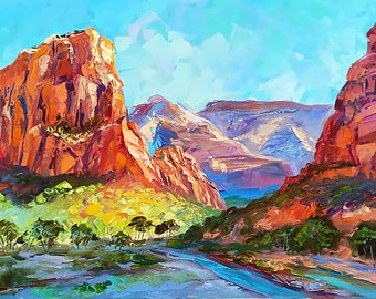 Majestic Zion Oil Painting: Original Impasto Landscape Art, Utah