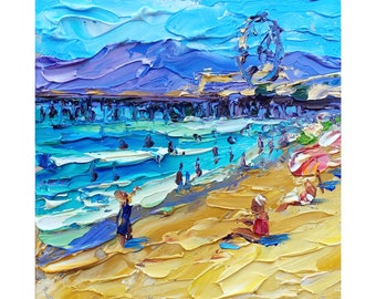 May include: Impasto oil painting of a beach scene with a pier, Ferris wheel, and figures. The sky is a bright blue, the water is turquoise, and the sand is yellow. People are enjoying the beach. The artwork has a textured, thick paint application.