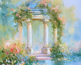Southern Estate Garden Original Oil Painting Romantic Pavilion Landscape Impasto Floral Pond Wall Art