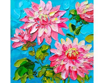Pink Dahlia Oil Painting Original Impasto Floral Art Turquoise Blue Wall Decor