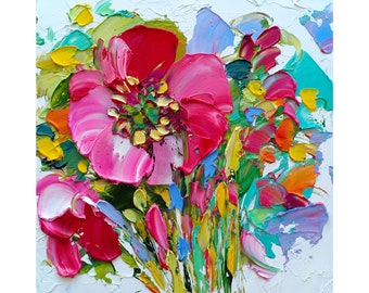 Poppy Painting Peonies Original Art Impasto Oil Painting Small Flowers Artwork 6x6 Impressionist Art Chunky Painting by NataShray