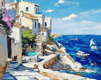May include: An oil painting featuring a coastal village with white buildings, purple flowers, and stone steps leading to a deep blue sea. A small white boat and a sailboat are visible on the water under a bright blue sky with white clouds.