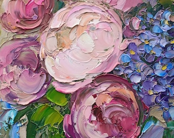 Peony Painting Original Oil Art Pink Flower Impasto Palette Knife Floral Texture Artwork