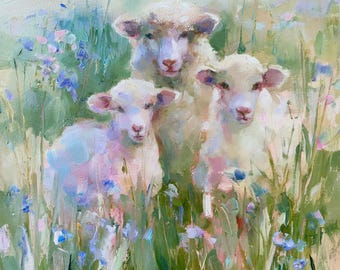 Irish Spring Lambs Original Oil Painting Meadow Animals Pastoral Farmhouse Wall Art