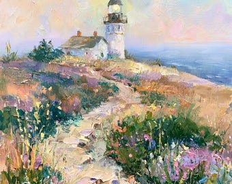 Old Point Loma Lighthouse Original Oil Painting San Diego California Coastal Landscape Impasto Art