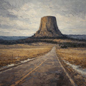 May include: An oil painting depicts a road leading towards a large, brown rock formation under a cloudy sky. The landscape features a field of dry grass and a line of trees at the base of the formation. The road has yellow lines down the center.