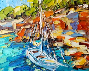 Lake George Original Oil Painting Sailboat Landscape Adirondack Impasto Painting New York Wall Art