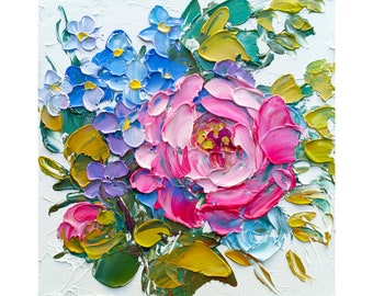 Peony & Hydrangea Impasto Oil Painting: Original Floral Small Wall Art