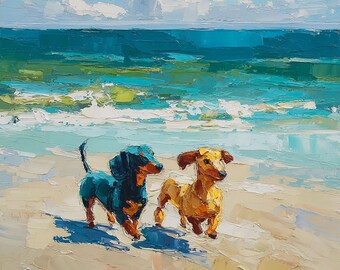 Dachshund Painting Two Dogs on Beach Original Art Impasto Oil Painting