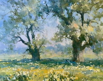 Irish Spring Original Oil Painting Daffodil Meadow Ireland Landscape Impasto Countryside Wall Art