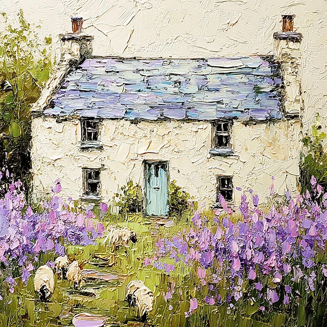 Irish Cottage Painting Sheeps Original Art Lupines Impasto Oil Artwork ...