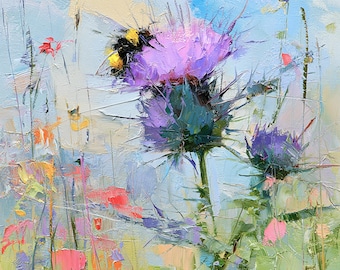 Original Scottish Thistle Painting Scotland Wildflower Bumblebee Impasto Oil Painting