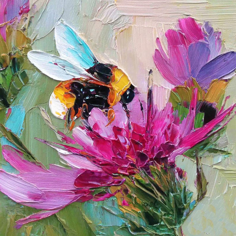 Thistle Painting Bumblebee Original Art Oil Small Impressionist Artwork ...