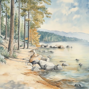 Lake Tahoe Painting California Watercolor Print Landscape Wall Art Travel Wall Decor Hiking Artwork by Nata Shray