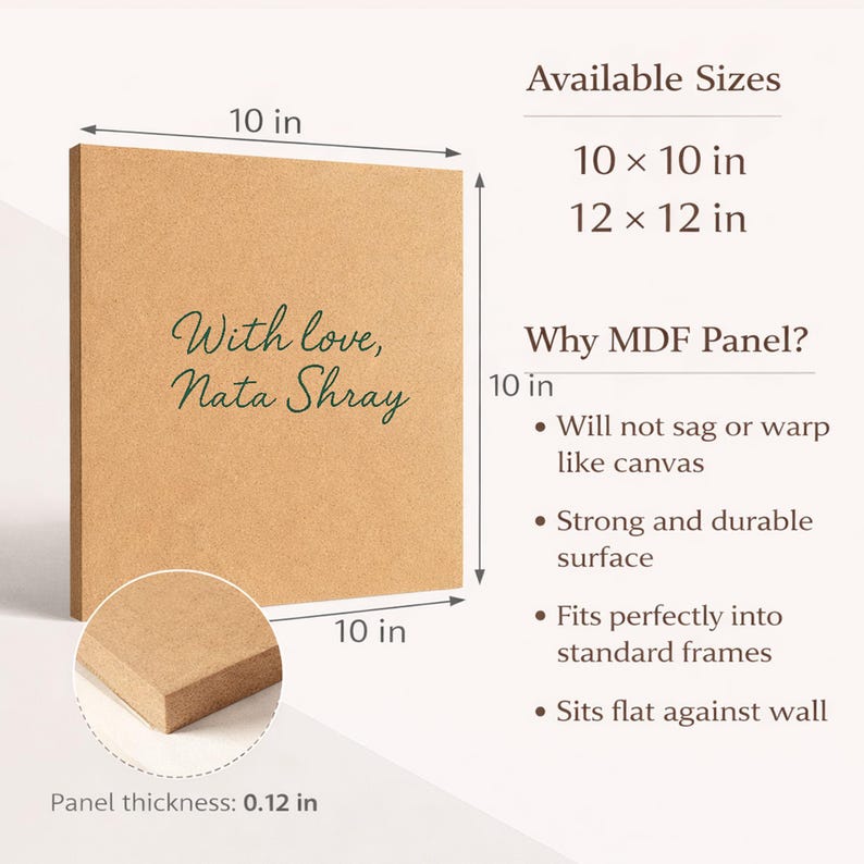 Puede incluir: Panel cuadrado de MDF de 25,4 cm por 25,4 cm, con el texto "With love, Nata Shray" en verde. El panel es de color marr&oacute;n claro y tiene un grosor de 0,3 cm. Hay tama&ntilde;os adicionales disponibles.