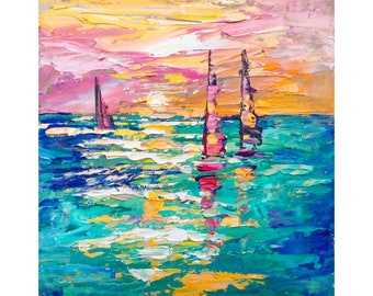 Italian Sailboat Painting Original Oil Impasto Seascape Sunset Mediterranean Coastal Art Boat Artwork