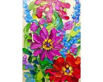 Bright Floral Oil Painting Colorful Zinnia Flower Art Impasto  Original Small Wall Decor 10x8