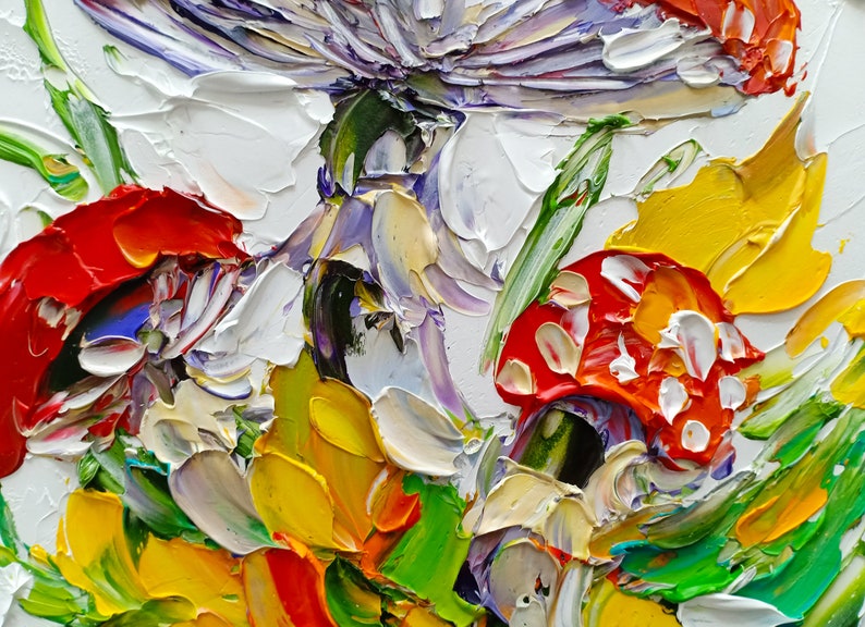 May include: A close-up of a painting depicting a cluster of colorful mushrooms with white, red, yellow, and green accents. The mushrooms are painted in a textured style, giving the impression of brushstrokes.