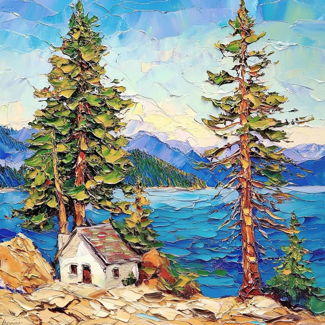 Lake Tahoe Painting Impasto Original Art Oil Cottage Sequoia Tree ...