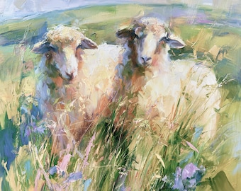 Irish Sheep Painting Ireland Countryside Original Oil Art Green Pastoral Landscape Farmhouse Wall Decor