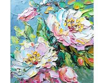 Peony Oil Painting: Original Textured Pink & Red Floral Impasto Wall Art