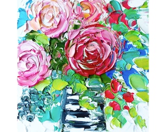 Original Impasto Rose Painting Palette Knife Floral Original Art Colorful Bouquet Still Life