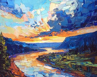 May include: A painting of a river winding through a valley with a dramatic sunset sky. The sky is a mix of blue, orange, and pink, with clouds that look like brushstrokes. The river is a deep blue, and the valley is a mix of green and brown.